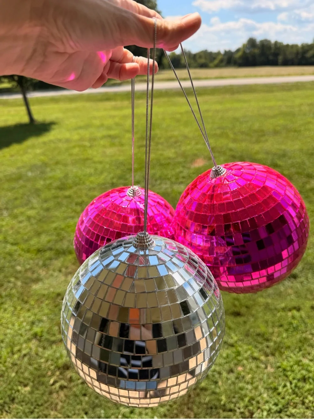 Pink Mirrored Disco Ball Hanging Party Decor - Set of 3